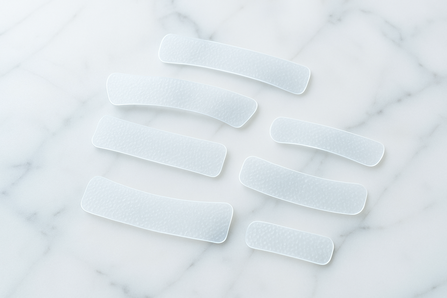 Aesthetic arrangement of clear dental strips on marble surface