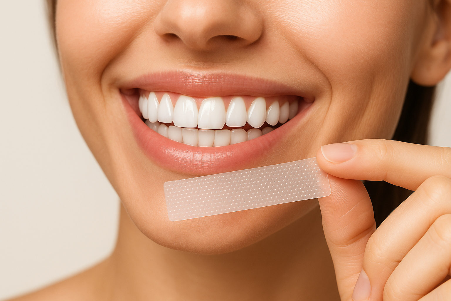Close-up of smile and whitening strip